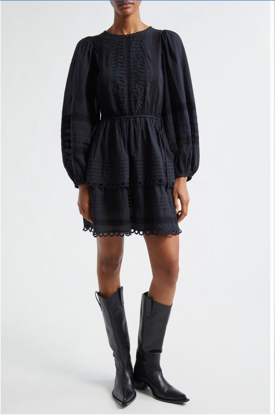 FARM Rio Pintuck & Lace Black Cotton Dress - Size Small